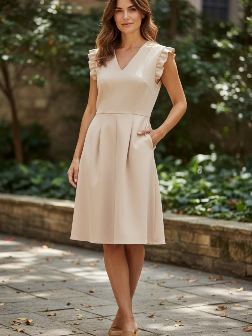 Maggy London Cream Midi Dress with Ruffle Sleeves